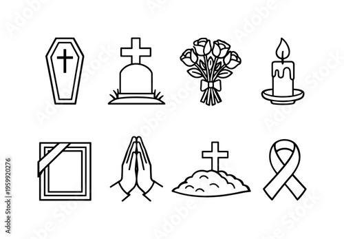 Funeral remembrance: coffin, tombstone with cross, mourning flowers, candle flame, memorial frame, prayer hands, burial site, remembrance ribbon