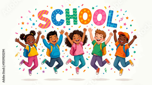 Diverse children jumping in celebration at school.