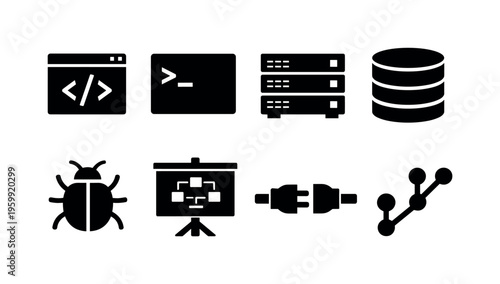Software engineering process: code bracket window, terminal prompt screen, server rack unit, database cylinder stack, bug insect symbol, flowchart diagram board, API plug connector