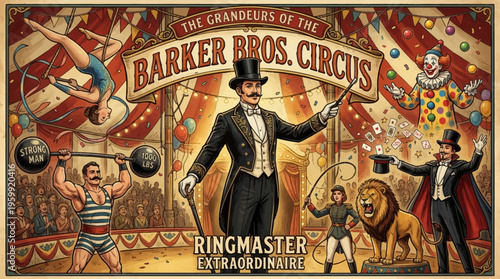Vintage circus poster, retro barker bros. circus, ringmaster illustration, colorful carnival art