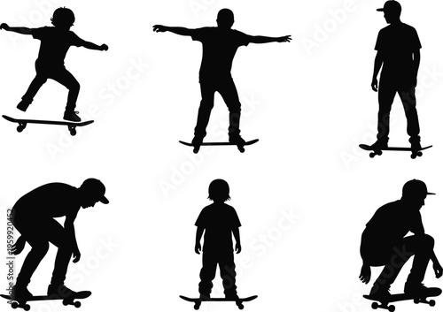 Set of black isolated silhouettes of young skateboarders in various poses, vector illustration of boys riding skateboards and performing tricks