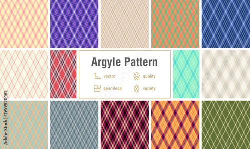 Argyle bundle created for diary covers. Stylish diamonds repeats create consistent seasonal and profesional looks. Vector format allows resizing.