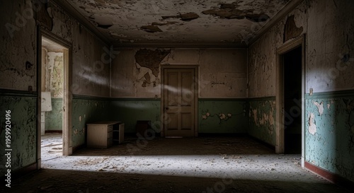 Abandoned room with peeling paint walls.
