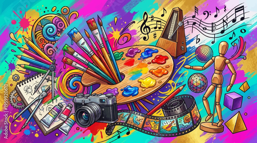 Vibrant art supplies, creative tools, colorful illustration, artistic elements