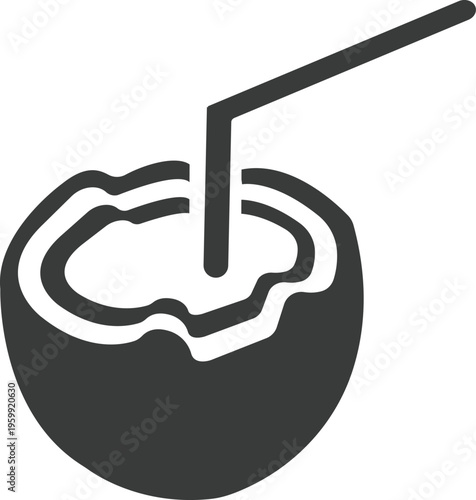 A simple black and white illustration of a coconut with a straw