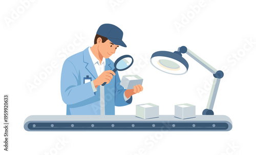 Quality assurance in manufacturing scenario showing a professional inspecting products along a production line to maintain high standards and reduce defects, with a character