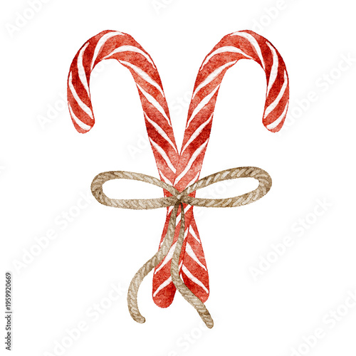 Two candy canes tied with jute twine on white background, christmas clip art isolated on white background