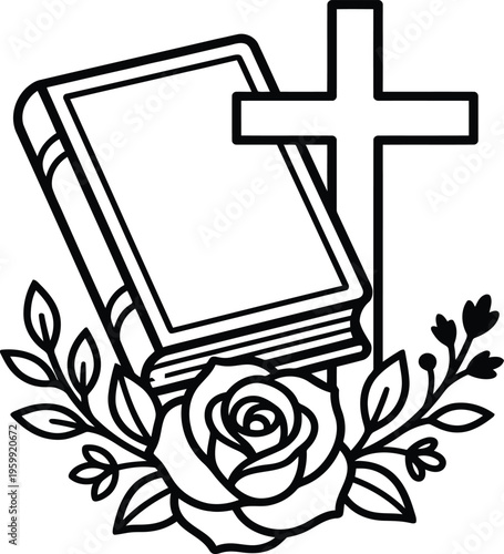 Black outline of closed bible with cross and rose floral design on transparent background