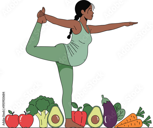  Woman practicing yoga pose with healthy vegetables around fitness wellness lifestyle vector illustration isolated balanced diet concept active living design