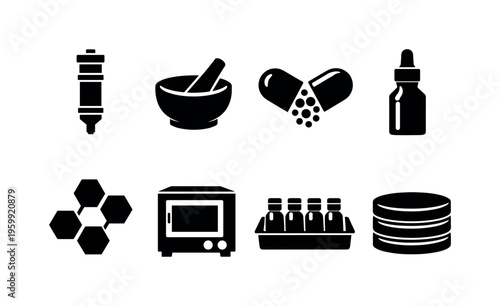 Pharmaceutical research process: chromatography column, mortar and pestle lab tool, capsule cross-section, reagent dropper bottle, molecular structure hexagon, incubation chamber