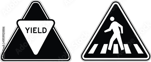 Traffic road sign icon set of yield and pedestrian crossing symbol for safety warning street regulation in black and white.