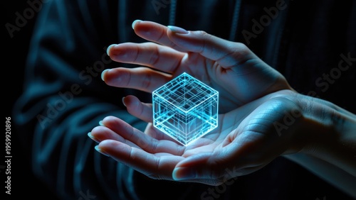 futuristic concept of blockchain technology with holographic cube and metal chains