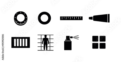 Dermatology clinical examination: dermatoscope lens ring, skin biopsy punch circle, lesion measurement ruler strip, topical ointment applicator tube, UV therapy lamp panel, mole