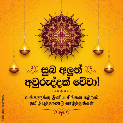 Vibrant Sinhala and Tamil New Year illustration with traditional oil lamps and ornate mandala on an orange patterned background, symbolizing auspicious beginnings and cultural celebration