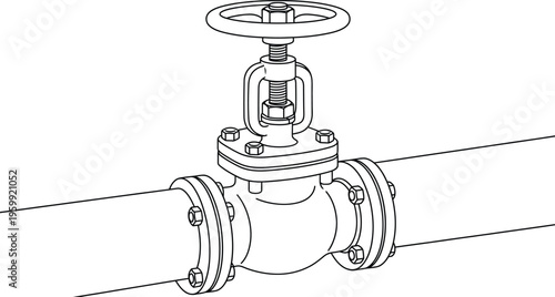Perspective view of industrial pipeline valve line art drawing for engineering technical documentation and design work