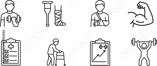 A collection of linear icons representing physical therapy, injury recovery, and fitness training isolated on transparent background
