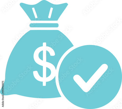 Teal money bag icon with dollar sign and checkmark