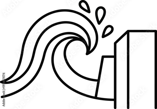 Natural disaster tsunami wave hitting coastal buildings line art illustration of giant sea water flood impacting city