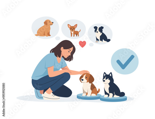 Pet adoption and guidance scenario showing a person exploring different dog breeds before making a responsible adoption decision, with a character engaging with a minimal dog