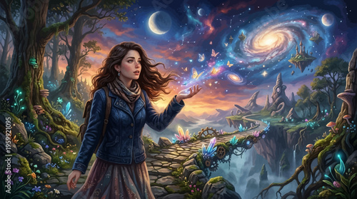Fantasy woman, glowing magic, cosmic landscape, mystical scenery
