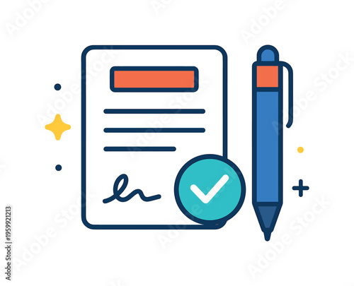 Digital contract signing and approval process focused on finalizing agreements quickly and securely in modern business workflows, a document combined with a pen and a small