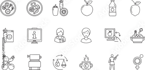 Healthy Food Nutrition and Diet Planning Line Icon Set