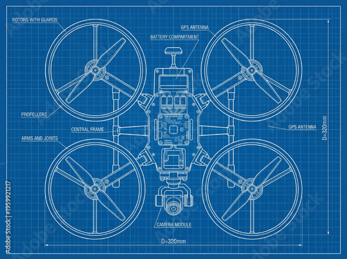 Fotografie Blueprint schematic of a drone with labeled components and top-down view