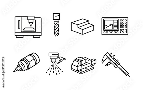 CNC machining workflow: cnc machine, cutting tool bit, metal workpiece, control panel screen, spindle motor, coolant spray, clamp vise, measurement caliper