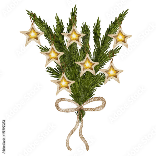 Christmas clip art. Evergreen sprigs decorated with stars and rustic rope.
