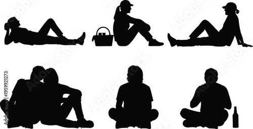 Silhouette of people sitting lying down and having picnic in park for summer leisure outdoor activity and relaxation lifestyle concept.