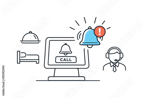 Customer assistance technology scenario centered on improving staff responsiveness and strengthening service quality across hospitality operations, a minimal touchscreen kiosk