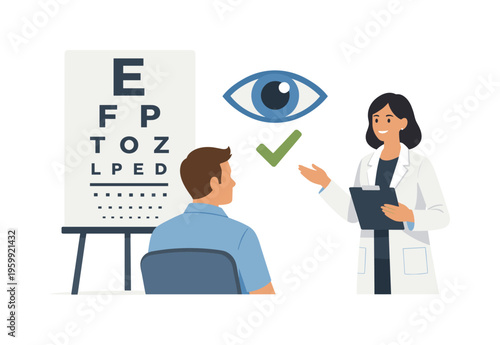 Vision testing and accurate diagnosis in a clinical eye care environment, represented by an eye chart paired with a single eye symbol and a minimal checkmark, symbolizing precision