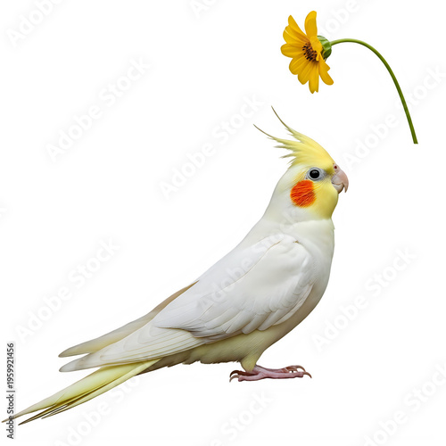 Cockatiel bird isolated on transparent background looking at sunflower