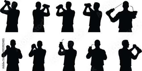 Silhouette of bartender man shaking cocktail with shaker tool and serving drink in different poses for nightlife bar and restaurant.