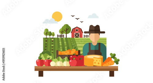 Farmer with Fresh Farm Produce at Market Stall - Agriculture & Organic Food Concept Flat Vector Illustration