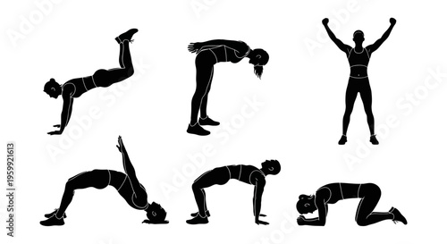 Silhouette of woman doing various yoga and fitness exercises on white background