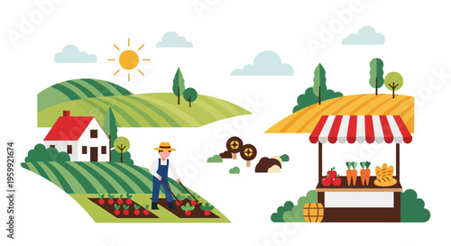 Farmer Working in Garden & Local Produce Market Stall. Flat Design Illustration of Rural Agriculture, Sustainable Food Production & Healthy Eating.