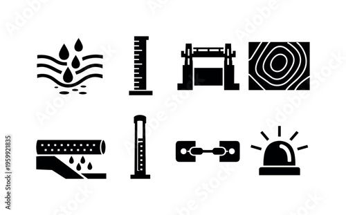 Dam safety monitoring: seepage flow droplet paths, crest settlement gauge rod, spillway gate lift frame, reservoir stress contour lines, piezometer tube column, slope toe drain
