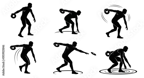 Discus Thrower Silhouette Sequence: Dynamic Poses of Athletic Movement and Sport