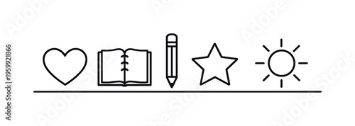 Daily gratitude practice and positive reflection habit for improving mental wellbeing and maintaining a balanced mindset, heart, notebook, pencil, star, and sun, positivity and