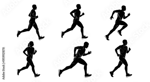 Silhouettes of runners in motion, diverse athletes in dynamic poses, black and white graphic illustration
