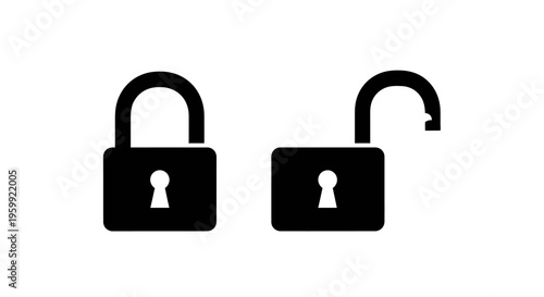 Two padlocks one locked and one open in stark black silhouette