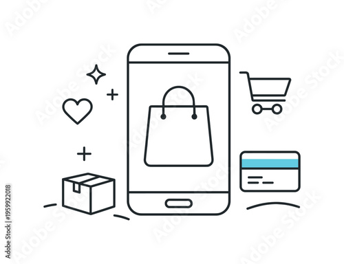 Online shopping experience and convenient digital purchasing in everyday consumer lifestyle, a clean smartphone device with a simple shopping bag icon appearing on the screen
