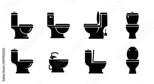 Various toilet designs and bathroom fixtures shown in black silhouette