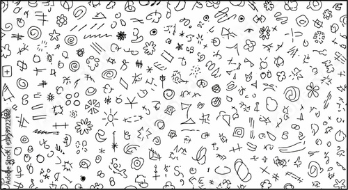 A collection of various hand drawn doodles and symbols on a white background