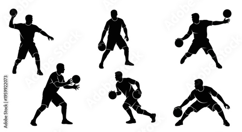 Silhouette of a dodgeball player in various action poses, isolated on white background