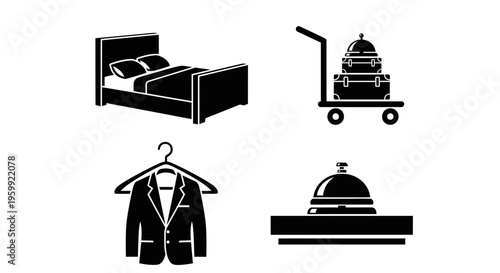 Hotel amenities including bed luggage coat and service bell silhouette