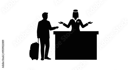 Hotel check in scene featuring a guest and receptionist silhouette
