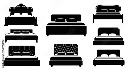 Various bed designs in a black minimalist style silhouette