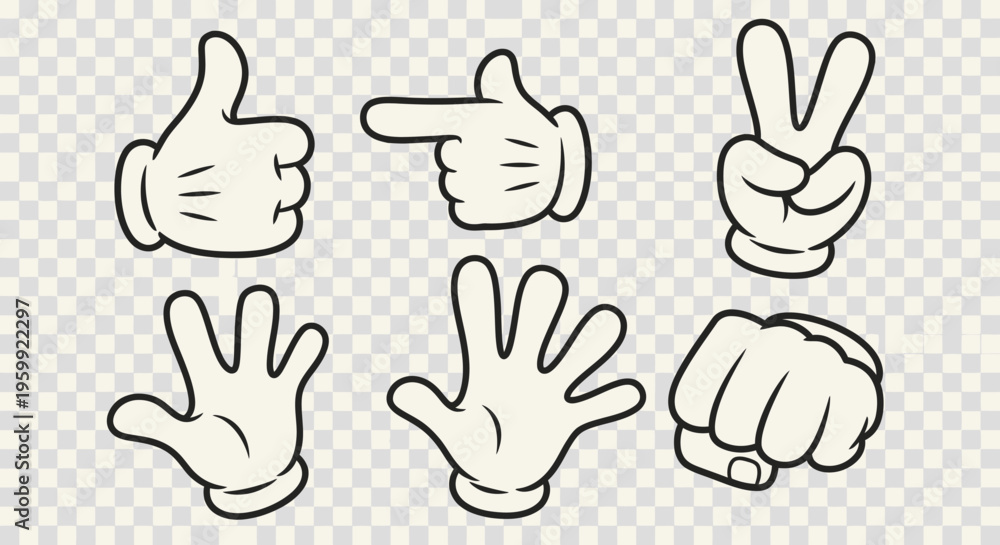 Fototapeta premium Set of six cartoon hands in white gloves showing various gestures like thumbs up, pointing, peace sign, open hand, and a fist on a transparent background.